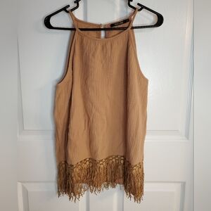 Doe & Rae Tan/Brown Textured Spaghetti Strap Top With Fringe. Size L. #SW